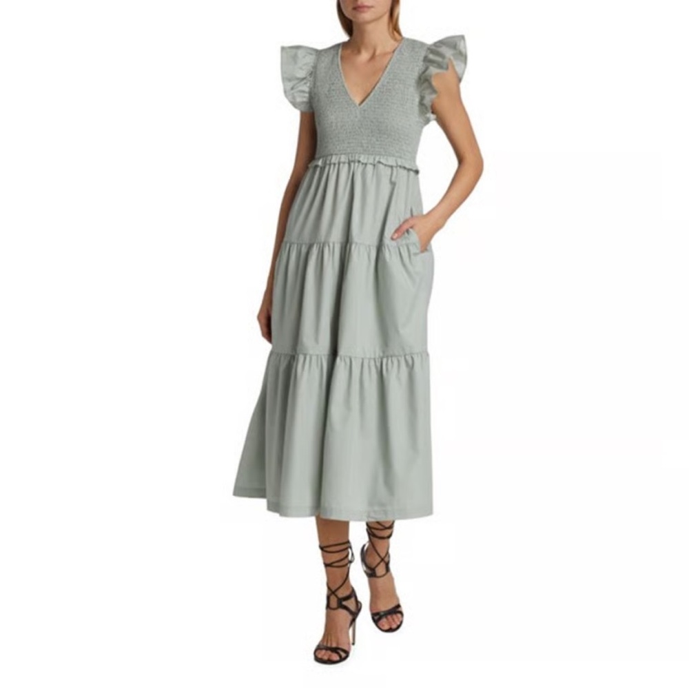 EN SAISON smocked flutter sleeve V-neck tiered midi dress sage green XS